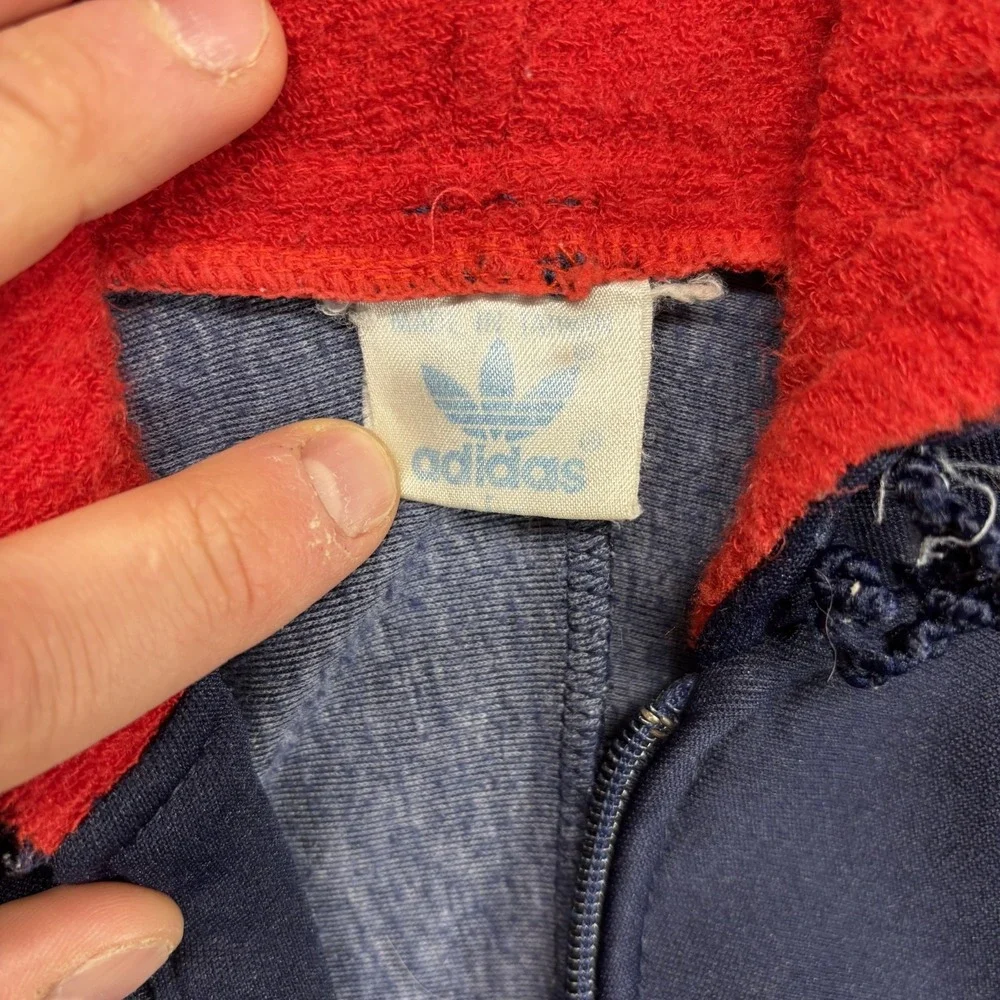 Vintage 1980s Adidas Hoodie‎ Sweatshirt Medium Red Blue Terry Cloth Tre Foil